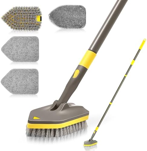 NEWE Shower Cleaner Brush, Tub Tile Scrubber with Telescopic Long Handle 56 inches, 4 Scrub Heads for Cleaning Bathroom Bathtub Floor Baseboard Sink Kitchen Toilet (Brown Yellow) by NEWE