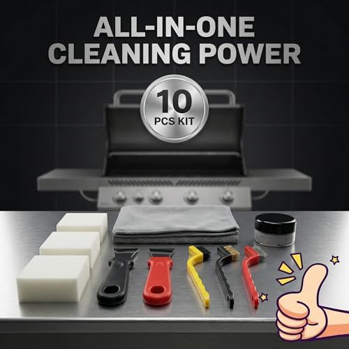 10-Piece Professional Heavy Duty Grill & Oven Cleaning Kit - Brushes, Scrapers, Sponge for BBQ & Microfiber Towel, 0.71 oz Stainless Steel Paste,Deep Clean Stovetop, BBQ Cleaning Tools - Image 3