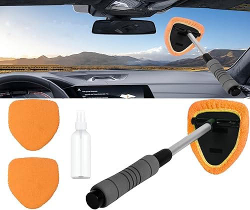 Car Windshield Cleaner Tool with Reusable Pads Extendable Handle (Orange) by Unknown