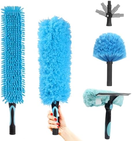 Ceiling Fan Duster Kit 5-in-1 – Screw-On Cobweb Duster, Squeegee & Microfiber Heads – Washable Bendable – Fits Standard 3/4" Threaded Extension Pole – House Cleaning Kit, Blue by GameXcel