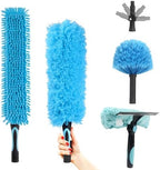 Ceiling Fan Duster Kit 5-in-1 – Screw-On Cobweb Duster, Squeegee & Microfiber Heads – Washable Bendable – Fits Standard 3/4" Threaded Extension Pole – House Cleaning Kit, Blue by GameXcel