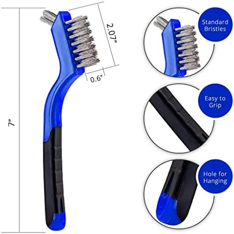 Lavaxon Wire Brush Set 3Pcs - Nylon/Brass/Stainless Steel Bristles with Curved Handle Grip for Rust, Dirt & Paint Scrubbing with Deep Cleaning – 7 Inches (Blue) - Image 2