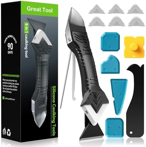 Silicone Caulking Tool, 5 in 1 Caulking Sealant Finishing Tool with Grout Scraper, 6 Exchange Silicone Pads, Adhesive Residue Scraper Seam Repair Kit for Kitchen Bathroom (White) by Goopreen