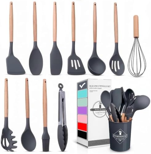 12 Pcs Cooking Kitchen Accessories Set with Holder, Silicone Heads (Gray) by V-TOWER