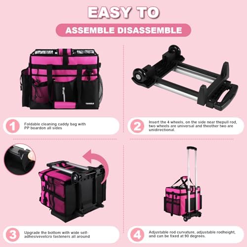 Cleaning Caddy with Wheels, Rolling Cleaning Supplies Organizer with Bottom Board, Dividers & Shoulder Strap, Portable Utility Tote with Small Trolley, Rose Pink - Image 5