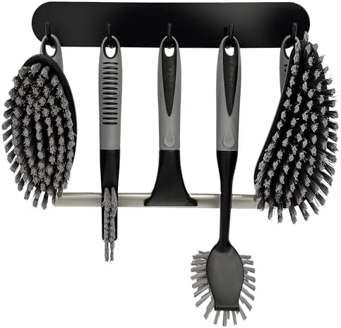 Scrub Brush Set of 6 pcs - Cleaning Shower Scrubbers with Squeegee for Shower Glass and Adhesive Wall Hooks Including Grout Cleaner Brush, Scrub Brushes for Cleaning Bathroom, Shower, Tile, Bathtub by TrazonProducts