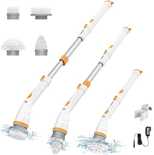 Electric Spin Scrubber, KIKOLIN 380RPM High Speed Power Scrubber, Cordless Cleaning Brush 2 Speeds for Bathroom, Tub, Shower, Floor with 4 Replaceable Brush Heads and Adjustable Extension Long Handle by KIKOLIN