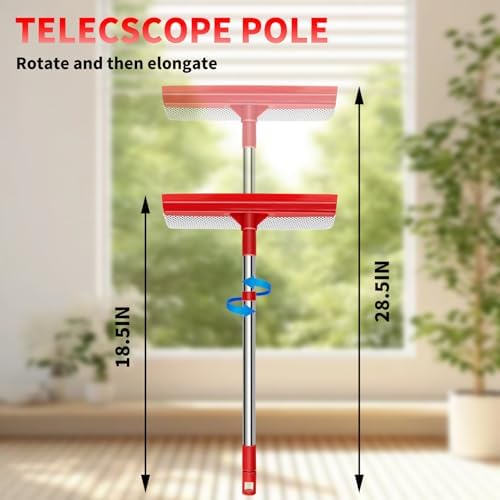 Window Squeegee with 18.5"-28.5" Retractable Handle, 2-in-1 Squeegee for Window Cleaning Tool for Cars, Trucks, Glass Doors, Shower, Outdoor Windows – Window Cleaner (Red) - Image 2