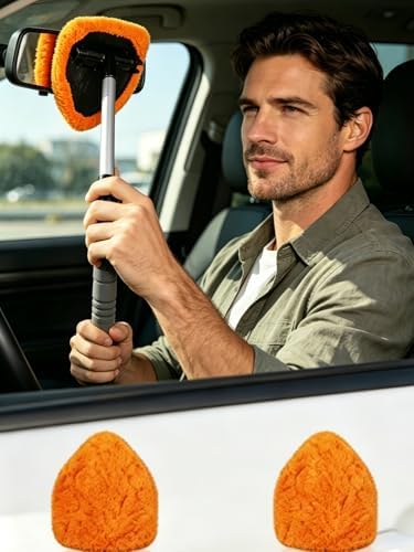 Car Windshield Cleaner Tool with Reusable Pads Extendable Handle (Orange) - Image 5