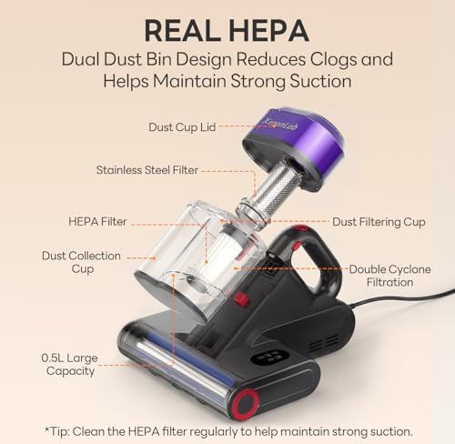 Mattress Vacuum Cleaner, 18000Pa Bed Vacuum Cleaner, 275nm UV-C Light & Ultrasonic 140°F Heat with High-Speed Deep Tapping, Versatile Handheld Vacuum for Bed, Sofa, Couch, Crib（Corded） - Image 5