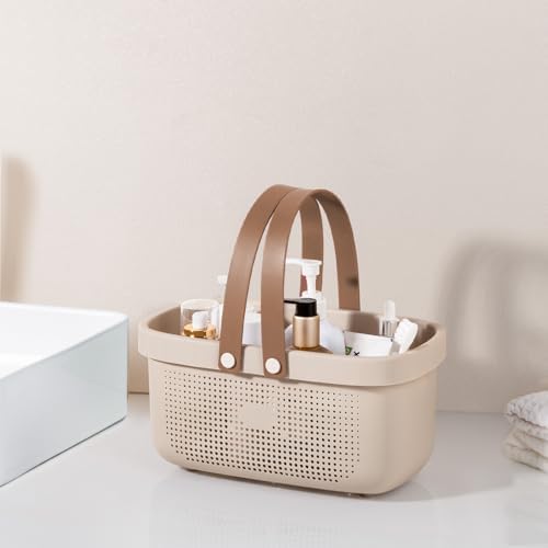 Portable Shower Caddy Basket with Handles Plastic Storage Basket Beige - Image 2