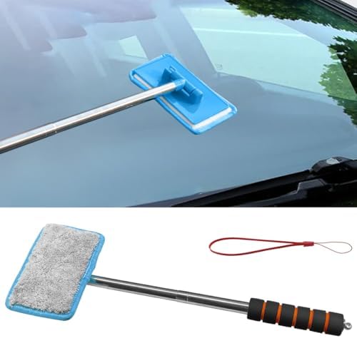Car Windshield Cleaner Tool, Retractable Rearview Mirror Brush with Extendable Handle, Microfiber Window Washing Pad, Portable Auto Glass Wiper for Car Home Office (Blue) by Unknown