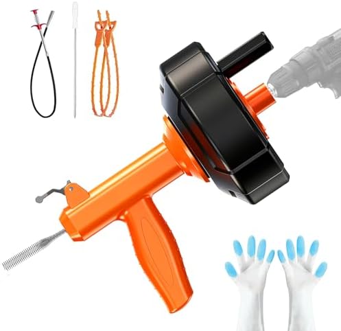 Drain Snake, Auto Feed Plumbing Snake with Drill Adaptor, 25 Feet Drain Auger Tool Set Included Drain Clog Remover, Hair Clog Remover ＆ Cleaning Brush for Kitchen, Bathroom and Shower Sink with Gloves by Unknown