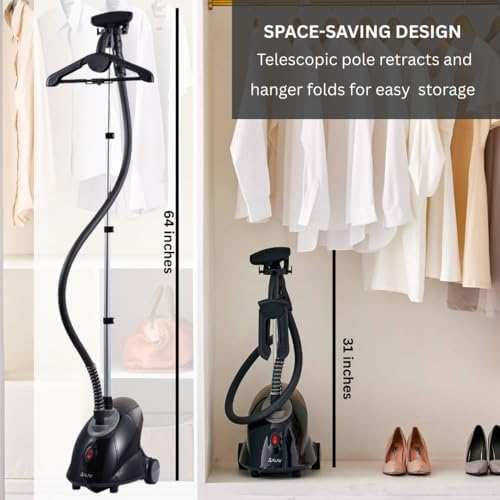 SALAV GS18-DJ Standing Garment Steamer with Roll Wheels for Easy Movement, 1.8L Water Tank for 1 Hour Continuous Steaming, Adjustable Pole for Storage, Includes Descaler Packet, 1500 watts - Image 4