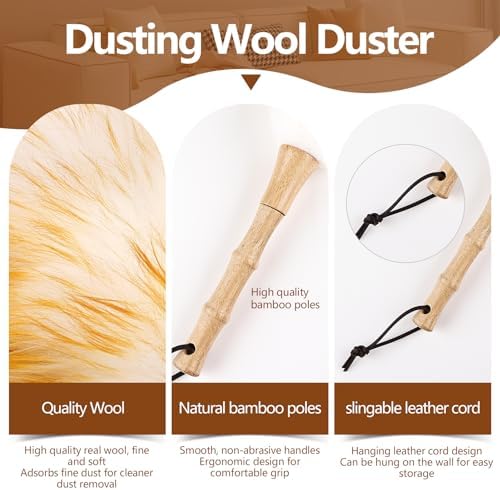 Lambswool Duster for Cleaning with Solid Wooden Handle Leather Hang Strap 14.9 inch Natural Feather Duster for Cleaning Ceiling Fans Window Blinds Computer Furniture(2 Pack) - Image 3