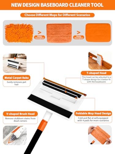 4-in-1 Baseboard Cleaning Tool with Extendable Handle 5 Reusable Pads 1 Carpet Rake Stiff Bristle Brush Multi-Surface Baseboard Brush for Cleaning Baseboard Wall Carpet Floor Bathroom Kitchen Pet Hair - Image 2