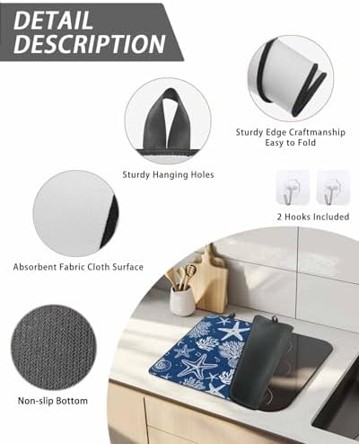 Navy Blue Coastal Stove Top Covers for Electric Stove, Summer Beach Induction Cooktop Cover Protector, Ocean Coral Starfish Conch Range Mat for Glass Top Stove, Kitchen Dish Drying Mat, 24"x21" - Image 4