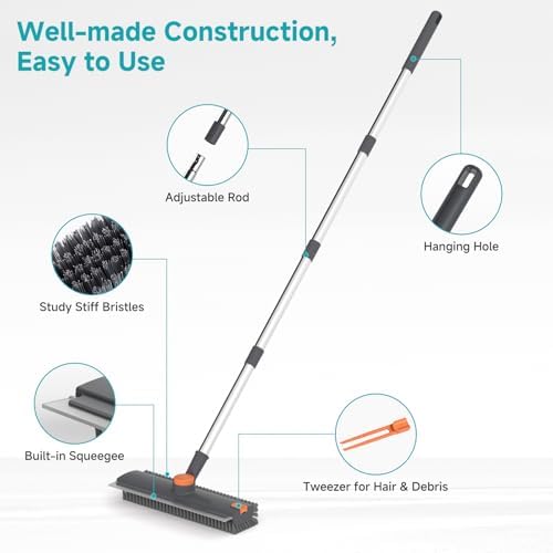 Floor Scrub Brush with Long Handle Length Adjustable, 3 in 1 Heavy-Duty Stiff 90° Bristle Floor Scrubber Broom with Squeegee, Cleaning Brush for Bathroom, Garage, Kitchen, Tile, Deck & Patio (Gray) - Image 5