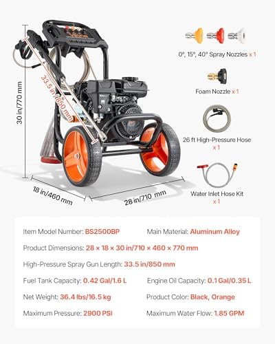 VEVOR Gas Pressure Washer 2900 PSI and 1.85 Max GPM, Upgrade Aluminum Pump with Spray Gun and Wand, 4 Nozzle Set, Low Profile Power Washer for Cars, Fences, Driveways, Homes, Patios, Furniture - Image 7