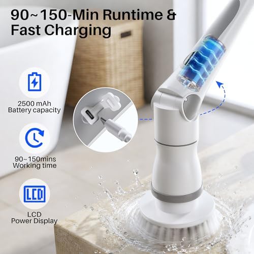 JOYMOOP Electric Spin Scrubber, 450 RPM Cordless Cleaning Brush with Power LCD Display, 9 Brush Heads Waterproof Power Scrubber with 90-Min Runtime, Adjustable Long Handle for Bathtub, Floor, Kitchen - Image 6