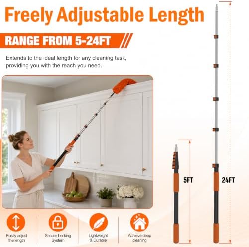 LAANPOLE 30FT High Reach Duster Cleaning Kit with Extension Pole, High Ceiling Fan Cleaner Duster Tool for Fan Blades, Window Washing Kit with Microfiber Feather Duster & Window Squeegee - Image 6