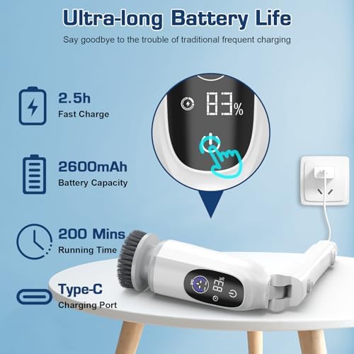 Electric Spin Scrubber, 200Mins Runtime Bathroom Scrubber with 3-Speed & LCD Display, Full-Body IPX7 Shower Scrubber with 8 Heads for Bathtub Kitchen Floor Grout, 53IN Extendable Handle - Image 4