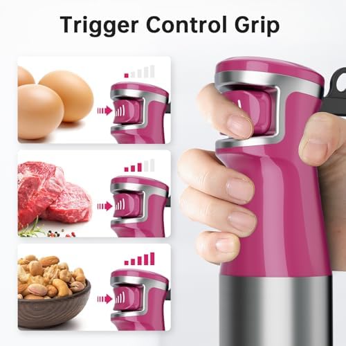 Turelar Immersion Blender Handheld Corded Hand Blenders Set 1100W, Trigger Variable Speed 5 in 1 Stick Emulsifier with Chopper, Whisk and Frother for Soup, Baby Food and Smoothies, Rose Red - Image 2