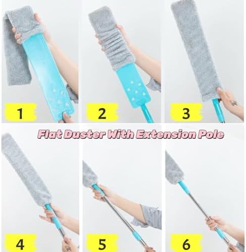 Flat Duster for Under Appliances Cleaning Tool with 4 Microfiber Dusting Cloths, Flat Duster with Extension Pole, Retractable Gap Dust Cleaning Artifact, Bendable Microfiber Duster Mop (3) - Image 4