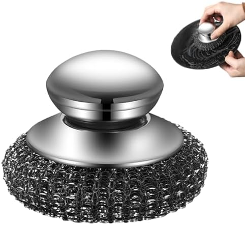 Steel Wool Scrubber with Handle, Upgrade Heavy Duty Stainless Steel Dish Scrubber for Cleaning Dishes, Iron Pots, Stoves, Kitchen Sink (1 pcs) by Rewdut