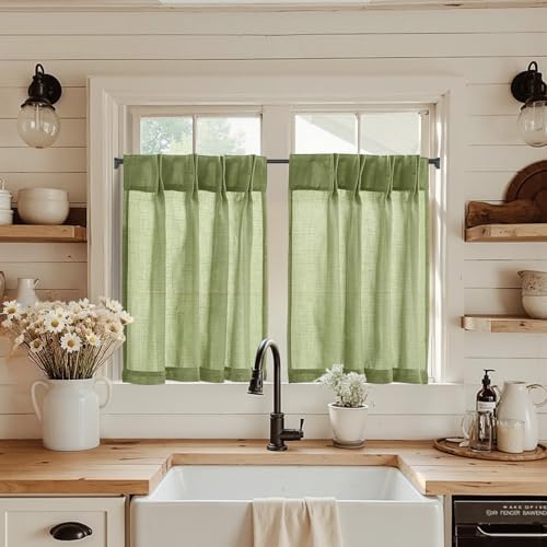 jinchan Linen Pinch Pleated Back Tab Tier Curtains, 26x36, Green by JINCHAN