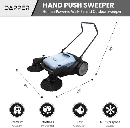 Dapper Supply Walk-Behind Outdoor Hand Push Floor Sweeper - 10.5 Gallon Capacity - 36" Sweeping Width - Sweeps up to 39,500 ft/Hour, Grey - Image 4
