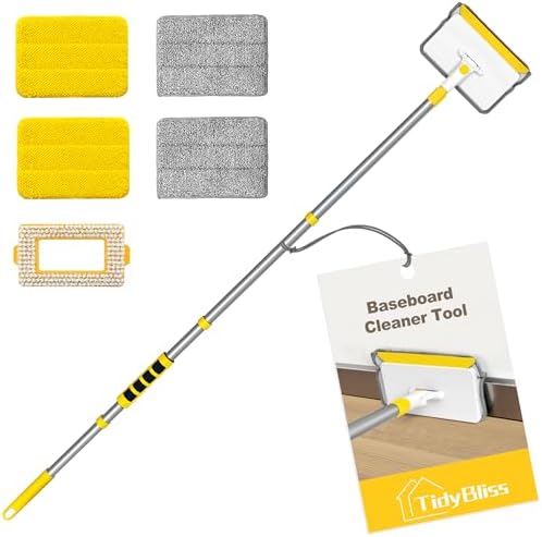 TidyBliss Baseboard Cleaner Tool with Handle, 55.9” Long Wall and Base Board Cleaning Mop, 4 Reusable Pads, 1 Stiff Bristle Scrubber Brush for Floorboard Ceiling Cabinet Window Bathroom (Yellow) by TidyBliss