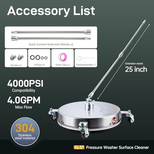 16.5" Pressure Washer Surface Cleaner with 4 Wheels, Surface Cleaner for Pressure Washer, 2 Extension Wands, 2 Replacement Nozzles, Power Washer Surface Cleaner for Concrete, Driveway - Image 6