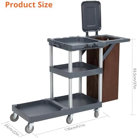 Commercial Janitorial Cleaning Cart on Wheels - Black Housekeeping Caddy with Cover, Shelves and Vinyl Bag - Image 5