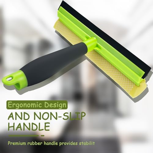 Shower Squeegee Window Squeegee Cleaner for Shower Doors Glass, 2 in 1 Window Cleaning Tool Window Scrubber Handheld Squeegee for Car Windshield with Sponge and Rubber Squeegee, Green - Image 4