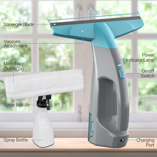 Kiato Window Vacuum, Power Window Squeegee 11", Rechargeable Window Vac with Spray Bottle, Electric Cleaning Tool for Showers, Mirrors, Glass, 2200mA, WC03, 200ml Water Tank - Image 6