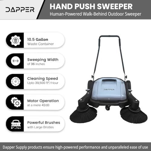 Dapper Supply Walk-Behind Outdoor Hand Push Floor Sweeper - 10.5 Gallon Capacity - 36" Sweeping Width - Sweeps up to 39,500 ft/Hour, Grey - Image 3