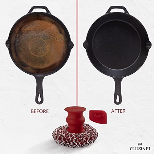 Cast Iron Chainmail Scrubber + Pan Scraper - Ergonomic Stainless and Silicone Cleaner for Pots and Skillets - Premium Food-Safe Design - Easy to Clean Dishwasher Safe Cookware Sponge Kitchen Accessory - Image 2