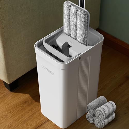 JOYMOOP Flat Mop System, Microfiber Mop and Bucket Set, White, Commercial & Household Use, Hardwood Floor & Wall Cleaning Mop with Long Handle, 4 Microfiber Pads by JOYMOOP