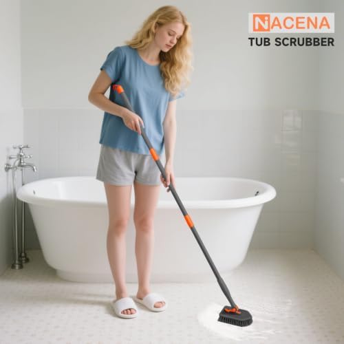 nacena Shower Scrubber with Long Handle, 3 in 1 Tile Tub Scrubber Brush with 3 Detachable Cleaning Heads Adjustable Handle Shower Cleaner Brush for Bathroom, Kitchen, Toilet, Wall, Sink, Grey Orange - Image 7