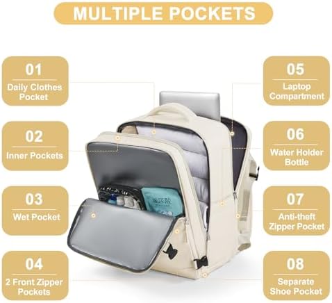 coofay Large Travel Backpack Carry on Flight Approved Mochila De Viaje Personal Item Backpack for Airlines Frontier Airlines Personal Item Bag Large Backpack for Travel Backpacks for Men Women Beige - Image 4