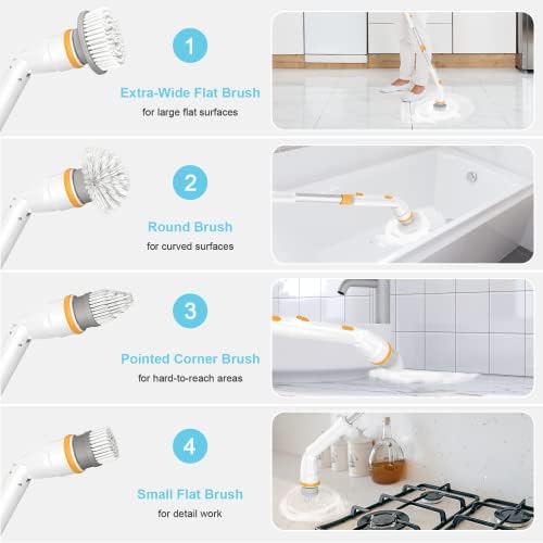 Electric Spin Scrubber, KIKOLIN 380RPM High Speed Power Scrubber, Cordless Cleaning Brush 2 Speeds for Bathroom, Tub, Shower, Floor with 4 Replaceable Brush Heads and Adjustable Extension Long Handle - Image 4