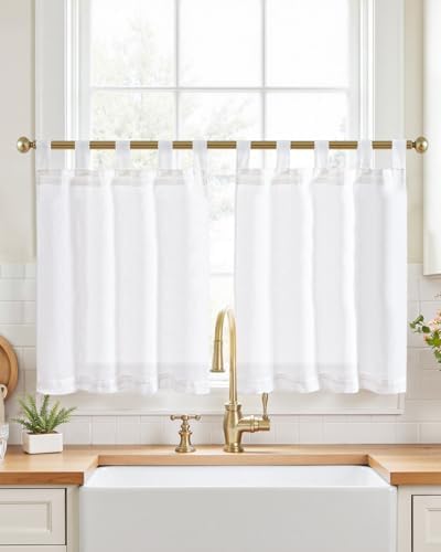 jinchan Linen Tier Curtains, Tab Top, 26x30, 2 Panels, Beige White by JINCHAN