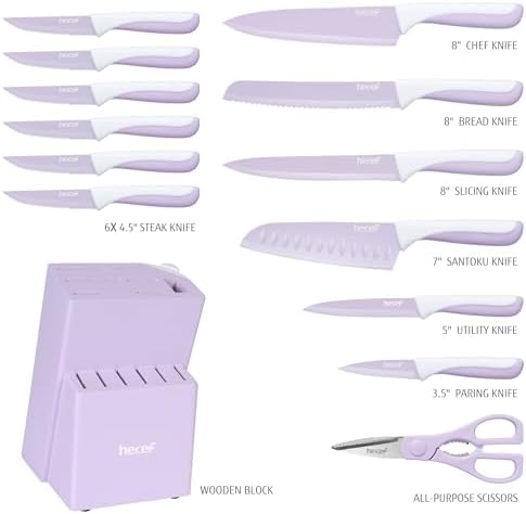 hecef 15 Pieces Kitchen Knife Set with Built-in Sharpening Wooden Block, Dishwasher Safe, High Carbon Stainless Steel Knife Block Set with Steak Knives, Kitchen Scissors, Purple - Image 2