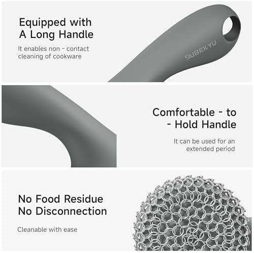 SUBEKYU Cast Iron Scrubber with Silicone Handle, Stainless Steel Skillet Cleaner for Cast Iron Pans (Gray Scrubber + Scraper) - Image 5