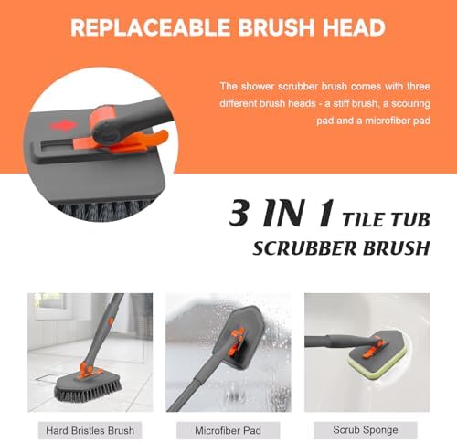 nacena Shower Scrubber with Long Handle, 3 in 1 Tile Tub Scrubber Brush with 3 Detachable Cleaning Heads Adjustable Handle Shower Cleaner Brush for Bathroom, Kitchen, Toilet, Wall, Sink, Grey Orange - Image 4