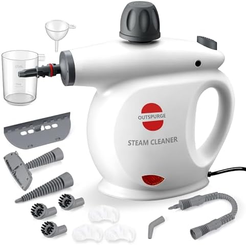 Handheld Steam Cleaner, Pressurized Multi-Surface Steam Shot with 13 Accessories, Safety Lock, Steamer for Cleaning Floor, Upholstery, Grout, Windows, Couch and Car, White by OUTSPURGE
