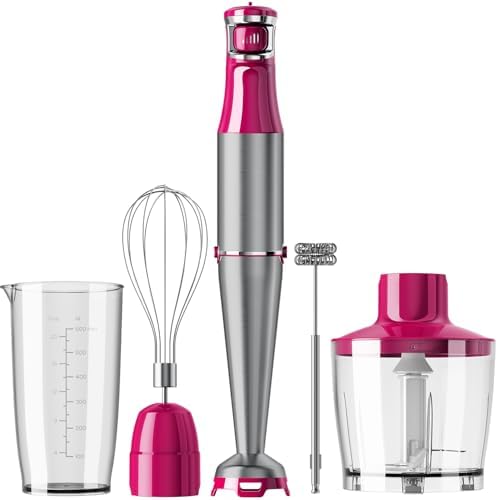 Turelar Immersion Blender Handheld Corded Hand Blenders Set 1100W, Trigger Variable Speed 5 in 1 Stick Emulsifier with Chopper, Whisk and Frother for Soup, Baby Food and Smoothies, Rose Red by Turelar