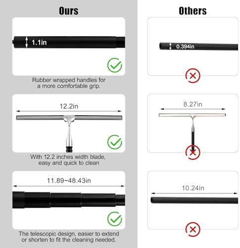 Toncoke 2 in 1 Window Squeegee, Shower Squeegee Window Cleaning Kit with Extension Pole Long Handle Squeegee for Shower Glass Floor Bathroom Home Outdoor, 12 inch Wide, Black - Image 5