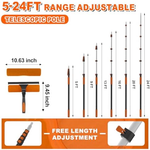 SISUPASSIE 30FT Reach 2-in-1 Window Squeegee, Professional Window Washing Kit with 5-24FT Extension Pole for Home, Indoor Outdoor Squeegee with Rotatable Head for High Windows - Image 4